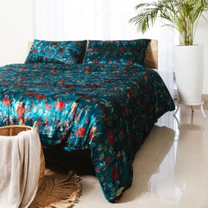 Teal Blue Bird Of Paradise Printed Velvet Duvet Cover, Velvet Comforter Cover Full/Queen/King/CL.King Quilt Cover With Two Pillow Cases