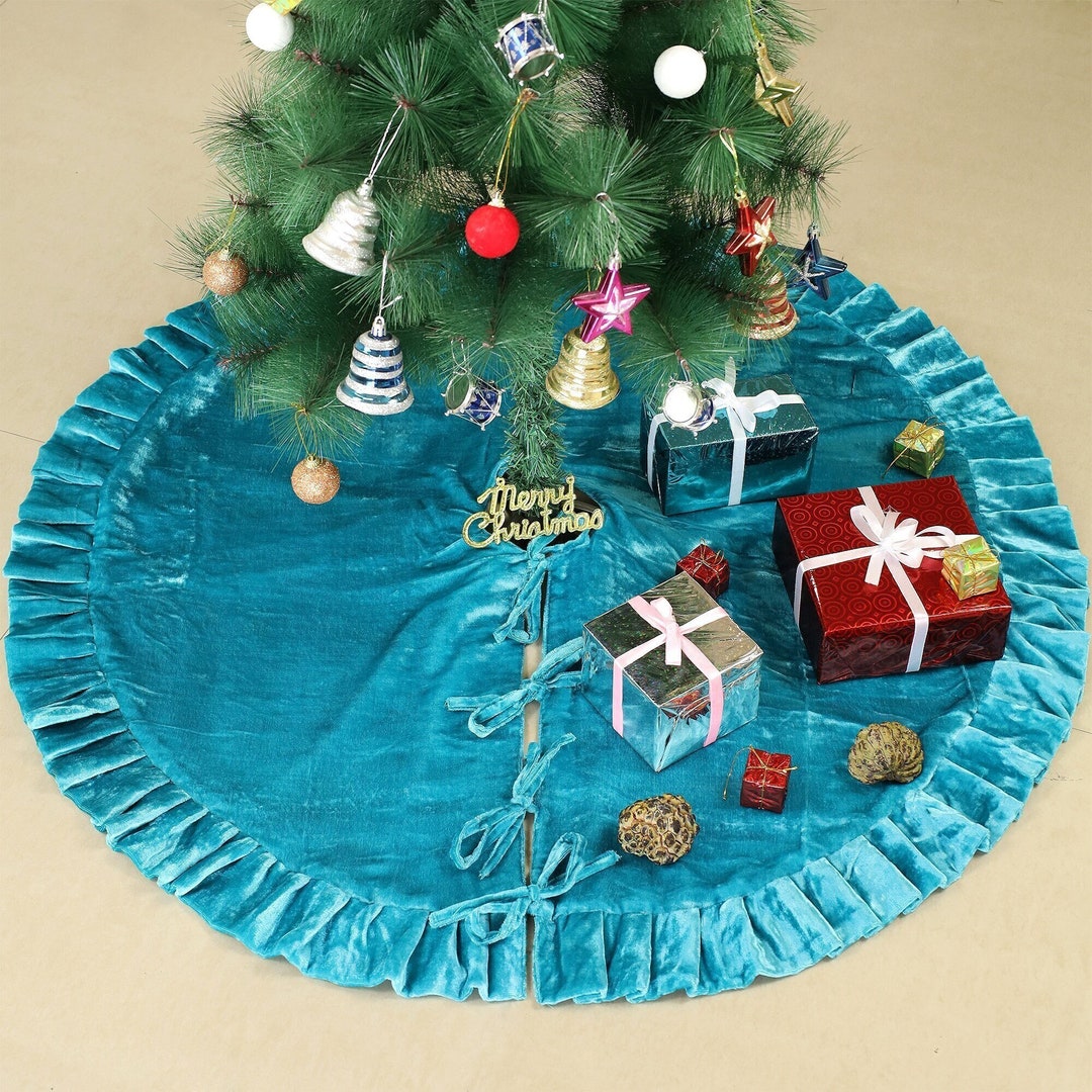 Turquoise Velvet Christmas Tree Skirt, Luxury Velvet Plush Fur Skirt
