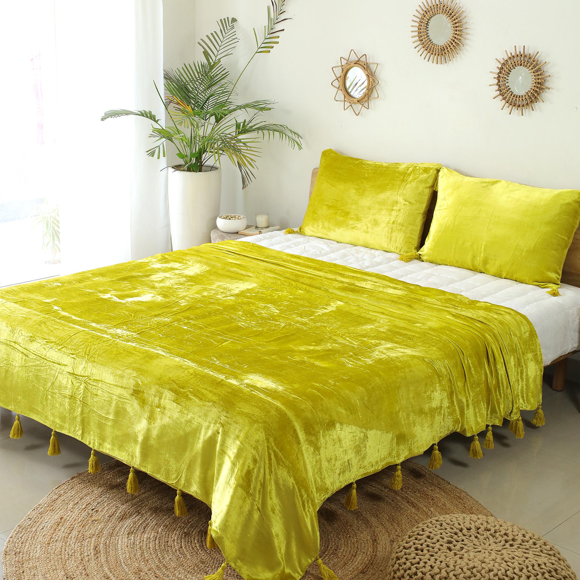 Lemon Yellow Luxe Velvet Bedspread Velvet Throw Blanket With Handmade Knotted Tassels Soft Velvet Boho Sofa Throw Living Room Christmas Gift