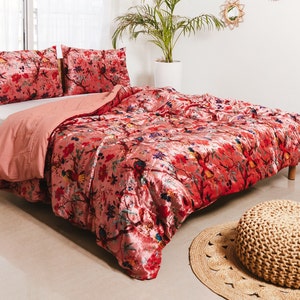 Pink Bird Print Velvet Duvet Cover Boho Velvet Comforter Cover Quilt/Donna With Two Pillow Cases Twin/Full/Queen/King/CL. King Bedding Set