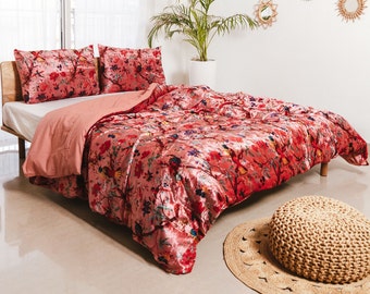 Rosa Vogel Print Samt Bettbezug Boho Samt Tröster Bezug Quilt / Donna mit Zwei Kissenbezügen Twin / Full / Queen / King / CL. König Bettwäsche Set