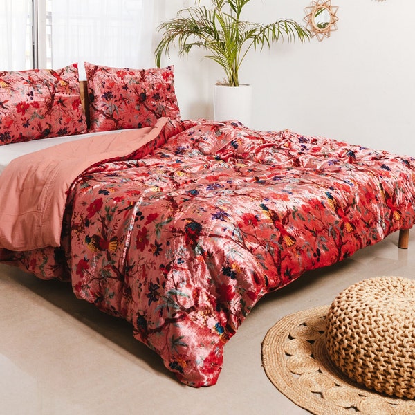 Roze vogelprint fluwelen dekbedovertrek Boho fluwelen dekbedovertrek quilt/Donna met twee kussenslopen Twin/Full/Queen/King/CL. Kingsize beddengoedset