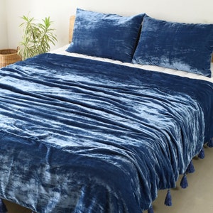May include: A blue velvet throw blanket with tassels on the edges. The blanket is folded on a bed with two matching blue velvet pillows.