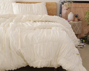 Cream Color Pure Cotton Wrinkle Duvet Cover, Comforter Cover, 100% Cotton Boho Duvet Cover, Bohemian Dorm Bedding Set, Quilt Cover, Gift