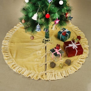 Christmas Tree Skirt, Custard Yellow Velvet Plush Skirt With Ruffle, Xmas Decoration Holiday Party Decor, Velvet Christmas Tree Home Decor