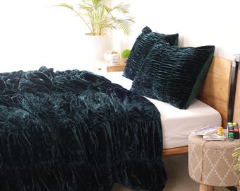 Smaragdgrün Luxe Samt faltiger Bettbezug, Boho Bettwäsche Trösterbezug, Quilt Cover, Samtbettwäsche Set Twin / Full / Queen / King / CL.King