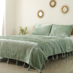 Sage Green Velvet Bedspread Velvet Throw Blanket With Handmade Knotted ...