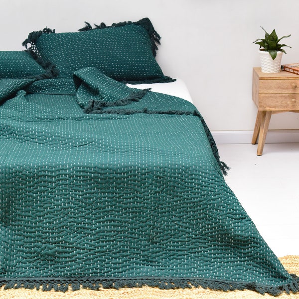Emerald Green Handmade 100% Cotton Solid Color Padded Kantha Quilt Boho Coverlet Comforter Kantha Bedding Bohemian Bedspread Boho Quilt
