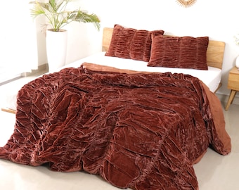 Copripiumino in velluto marrone con bordo smerlato, copripiumino stile boho, copritrapunta, set di biancheria da letto singolo/matrimoniale/queen/king/CL.king
