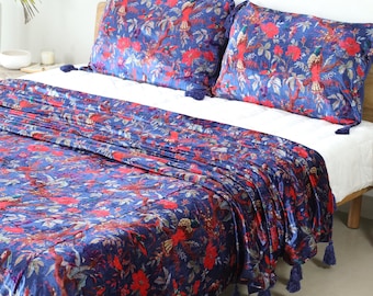 Royal Blue Bird Design Velvet Bedspread, Velvet Throw Blanket With Handmade Knotted Tassels Soft Velvet Boho Sofa Throw, Christmas Gift