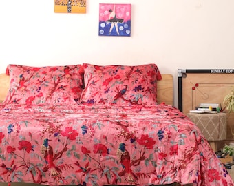 Copriletto in velluto con motivo a uccelli rosa, coperta in velluto con nappe annodate a mano, morbido copridivano in velluto boho, regalo di Natale