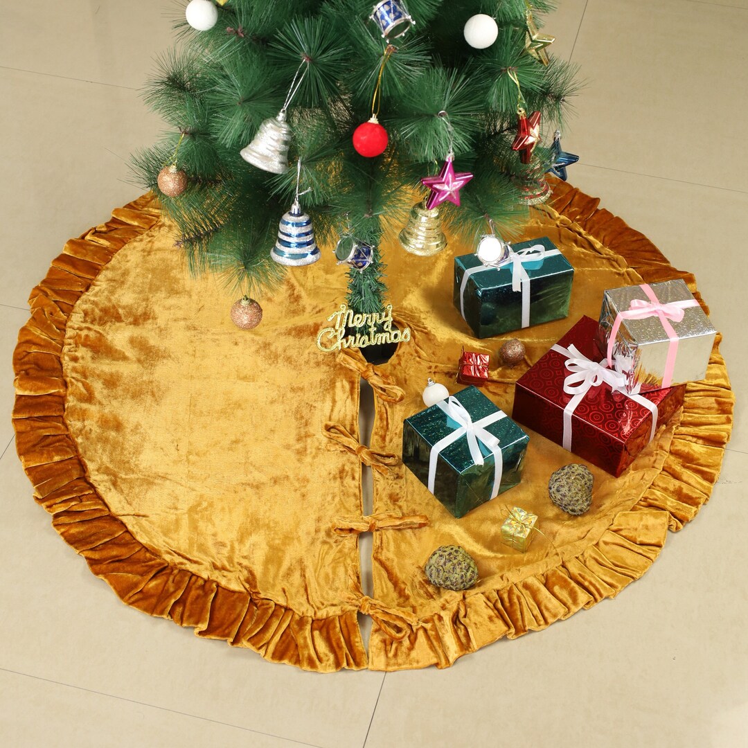 Gold Velvet Christmas Tree Skirt, Luxury Velvet Plush Fur Skirt With