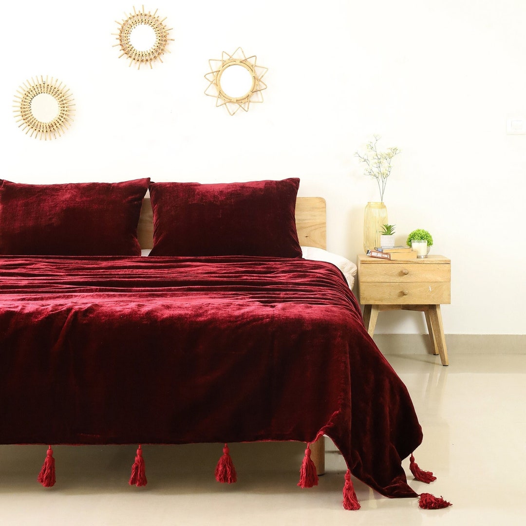 Red Maroon Velvet Bedspread Velvet Throw Blanket With Handmade
