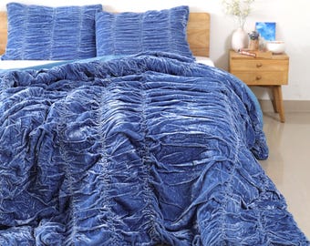 Himmelblauer ausgebogter Samtbettbezug, Boho-Bettwäschetrösterbezug, Quilt-Bezug, Bettwäschesatz-Doppel/voll/Königin/König/CL.King