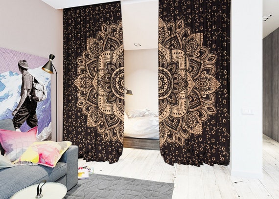 Black Gold Cotton Printed Curtain Room Divider Large Curtain Etsy