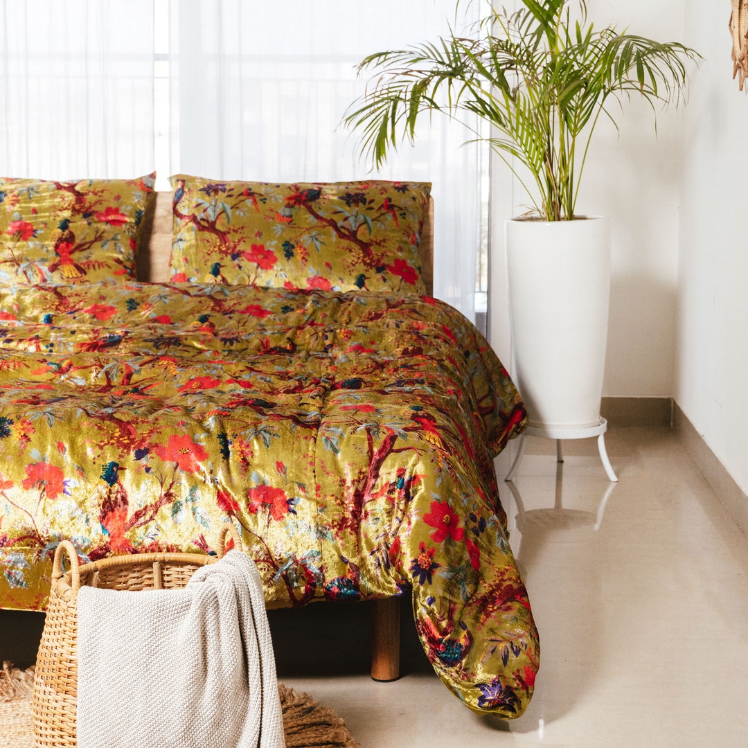 Bird of Paradise Printed Velvet Duvet Cover Luxury Comforter Cover Twin