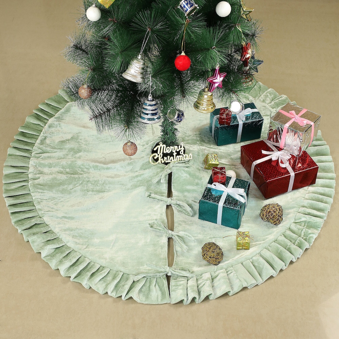 Sage Green Velvet Christmas Tree Skirt, Luxury Velvet Plush Fur Skirt