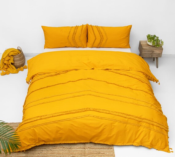 Mustard Gold Tufted Fringes Cotton Duvet Cover 3 Pieces Set