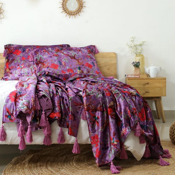 Purple Bird Design Velvet Bedspread, Velvet Throw Blanket With Handmade Knotted Tassels Soft Velvet Boho Sofa Throw, Christmas Gift