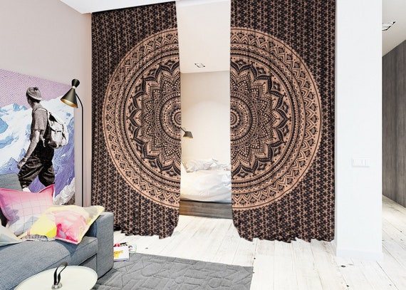 Black Gold Cotton Printed Curtain Room Divider Large Curtain Etsy