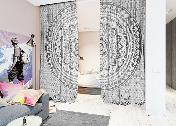 Gray And Black Extra Large Cotton Printed Curtain Room Divider Etsy