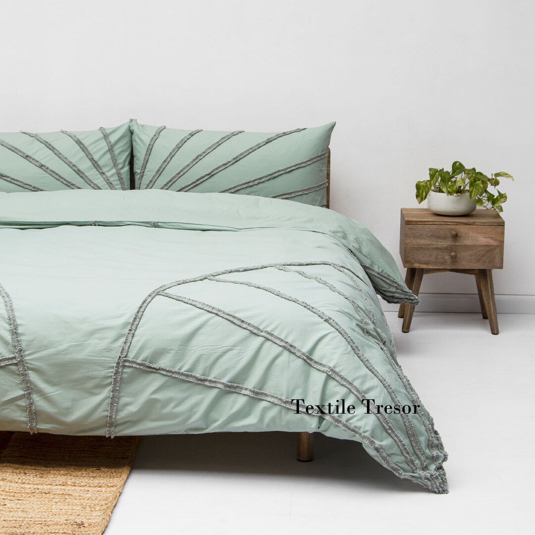 Handmade Tufted Duvet Cover Sage Green Cotton Tassels King Comforter