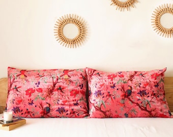 Federa per cuscino in velluto rosa con stampa di uccelli, federa per letto in velluto di lusso, federa per cuscino in velluto personalizzata di tutte le dimensioni.
