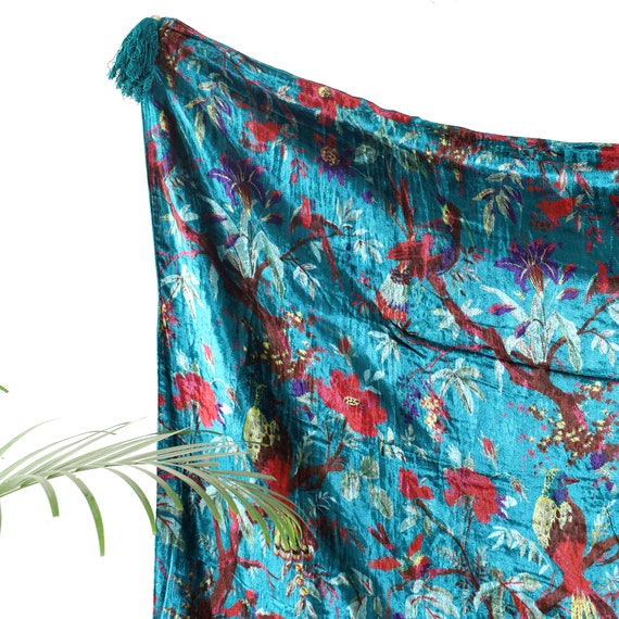 ティールブルーバードベルベットスローブランケット タッセル付き