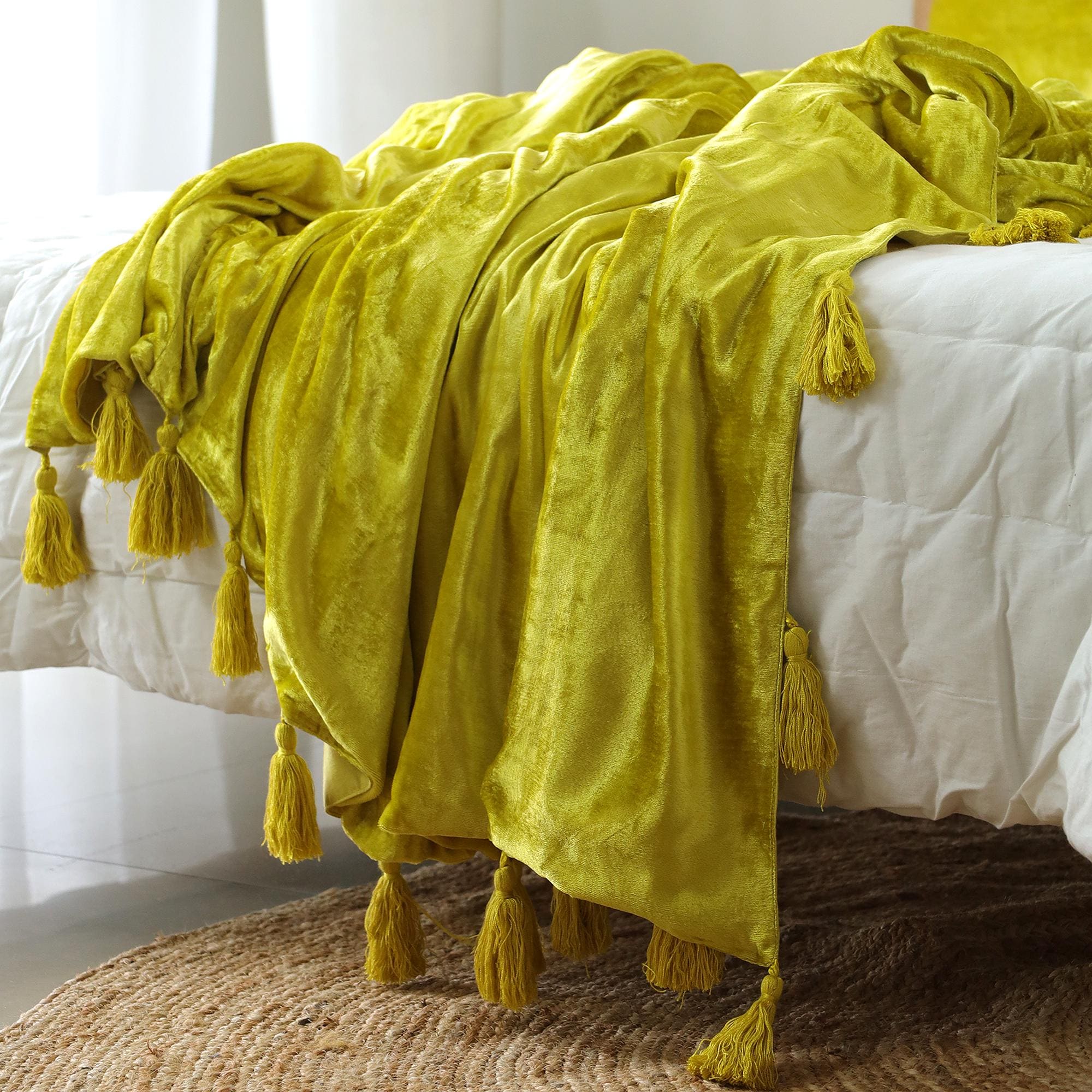Lemon Yellow Luxe Velvet Bedspread Velvet Throw Blanket With Handmade Knotted Tassels Soft Velvet Boho Sofa Throw Living Room Christmas Gift