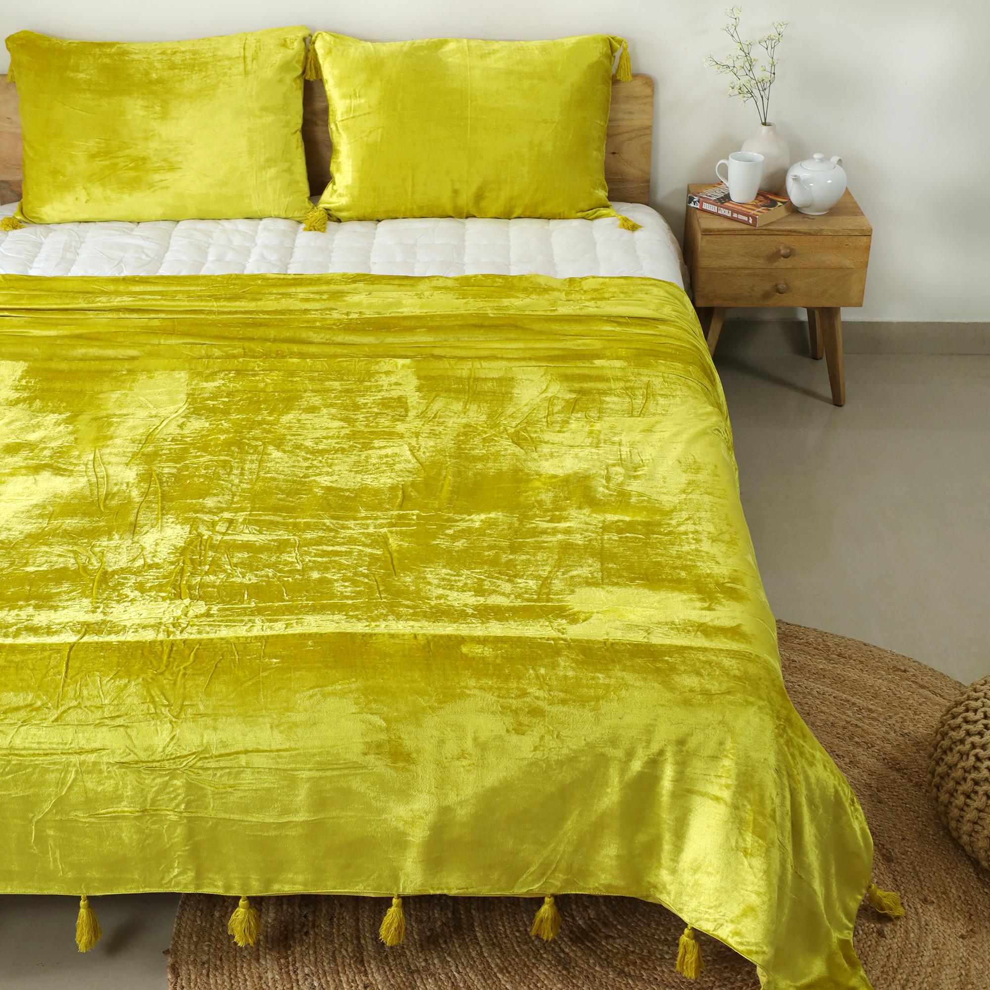 Lemon Yellow Luxe Velvet Bedspread Velvet Throw Blanket With Handmade Knotted Tassels Soft Velvet Boho Sofa Throw Living Room Christmas Gift