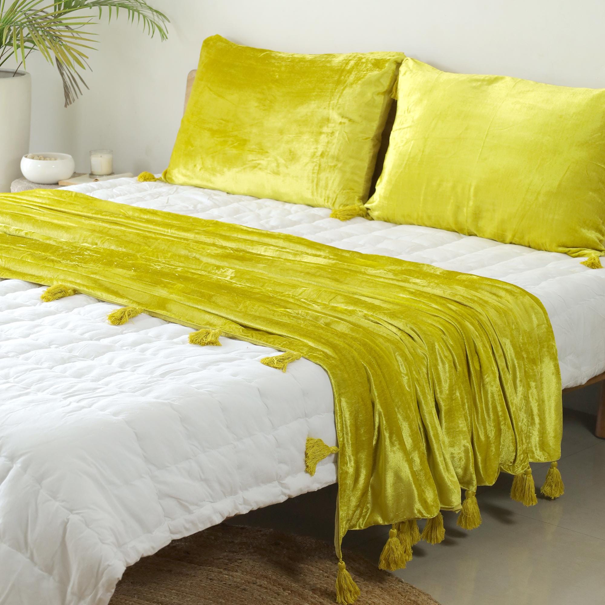 Lemon Yellow Luxe Velvet Bedspread Velvet Throw Blanket With Handmade Knotted Tassels Soft Velvet Boho Sofa Throw Living Room Christmas Gift