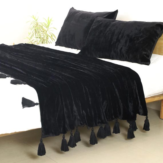 Schwarze Luxe Samt Tagesdecke Samt Decke Mit Handgemachten Geknoteten Quasten Weicher Samt Boho Sofa Überwurf für Wohnzimmer Weihnachtsgeschenk