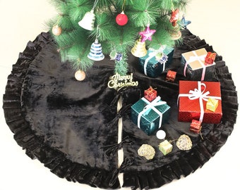Weihnachtsbaum-Rock, schwarzer Samt-Plüschrock mit Rüschen, Weihnachtsdekoration-Urlaubsparty-Dekor, weicher Samt-Weihnachtsbaum-Wohnkultur