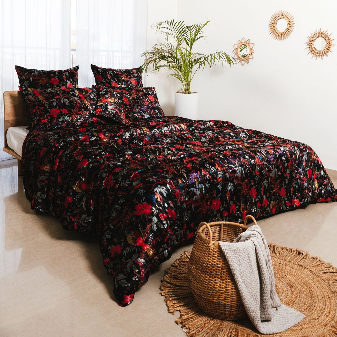 Black Color Bird of Paradise Printed Velvet Duvet Cover, Velvet