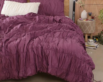 Funda nórdica de algodón puro morado con diseño arrugado, funda de edredón, funda nórdica bohemia 100 % algodón, juego de cama bohemio para dormitorio, funda de edredón
