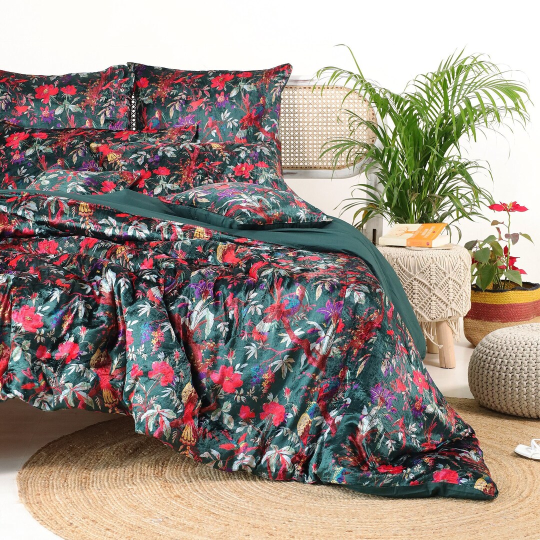 Emerald Green Bird of Paradise Printed Velvet Duvet Cover, Velvet