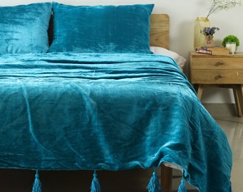 Bed Teal Blue Throw Turquoise Blue Luxe Velvet Bedspread, Throw