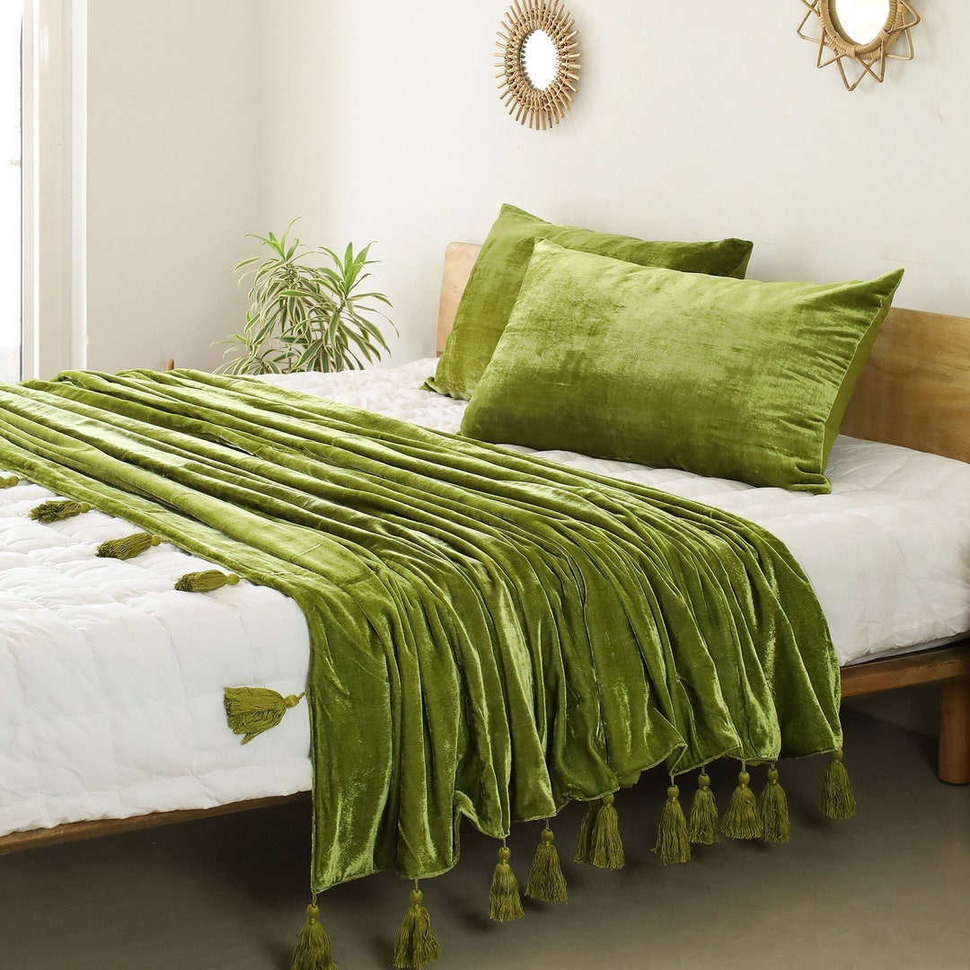 Green Velvet Quilted Velvet Throw Blanket PURE VELVET QUILT SAGE - Main Image