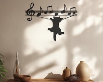 Musical Cat Wall Art, Playful Cat Hanging from Music Notes, Black White Gold Silver Bronze Decor for Music Lovers and Cat Enthusiasts