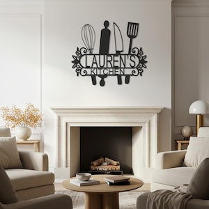 Personalized Kitchen Metal Wall Art – Custom Name Cooking Utensil Sign, Modern Rustic Wall Decor for Chef’s Kitchen or Unique House Gift