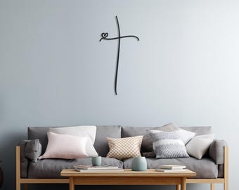 Arte de pared de metal con forma de cruz de corazón minimalista, decoración cristiana para el hogar, sala de estar, dormitorio, rincón de oración, acento de pared moderno inspirado en la fe.