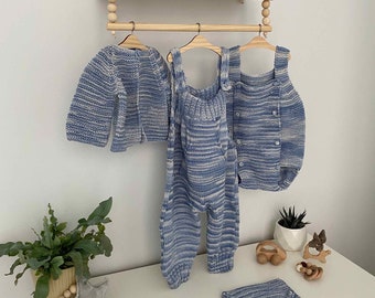 Baby rompers with matching cardigan, bloomer and beanie