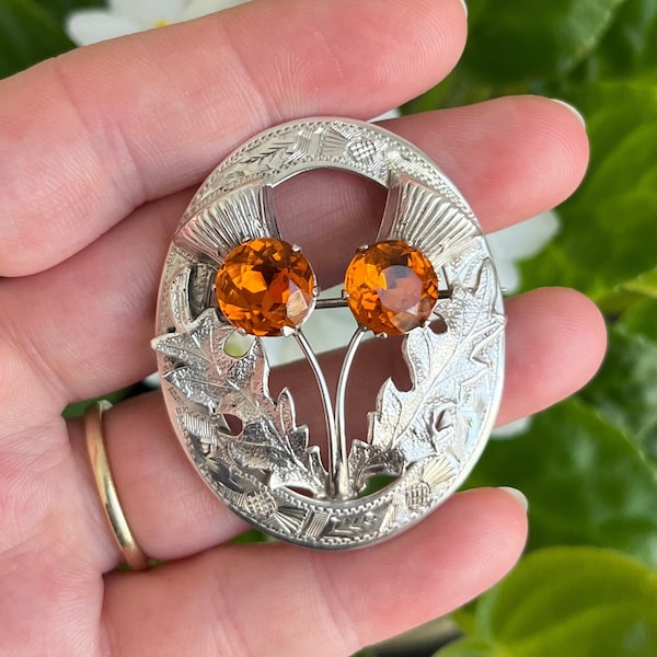 Vintage Sterling Silver Scottish Thistle Brooch With Citrine Glass Stones Made By Ward Brothers Glasgow