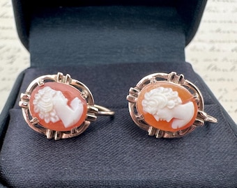 Antieke camee-oorbellen 9kt gouden schroefdeksel, handgesneden camee, edwardiaans begin jaren 1900, gerold gouden fittingen