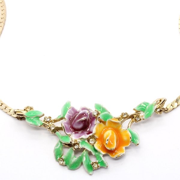 Vintage Enamel Floral 18k Gold Filled Rhinestone Necklace Choker Costume Jewellery