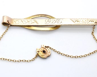 Vintage 9ct Gold Lined Engraved Tie Pin Bar With Lucky Horse Shoe Ruby Chain