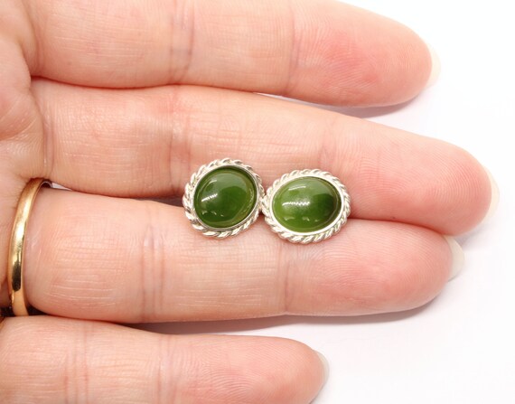Boucles D'oreilles Argent 925 Avec Turquoise Naturelle Et Jade Vert - Forme Ovale - Fermoir Papillon