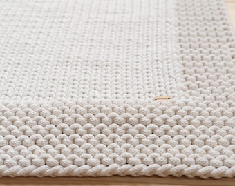Handmade Cotton Cord Knit Rug, Natural Rectangle Carpet, Cozy Floor