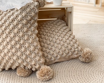 Crocheted Wool Bubble Pillow, Boho Pom Pom Cushion