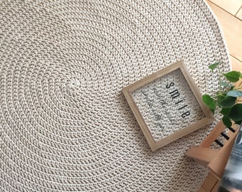 Handmade Crochet Round Rug, Cotton Natural Carpet